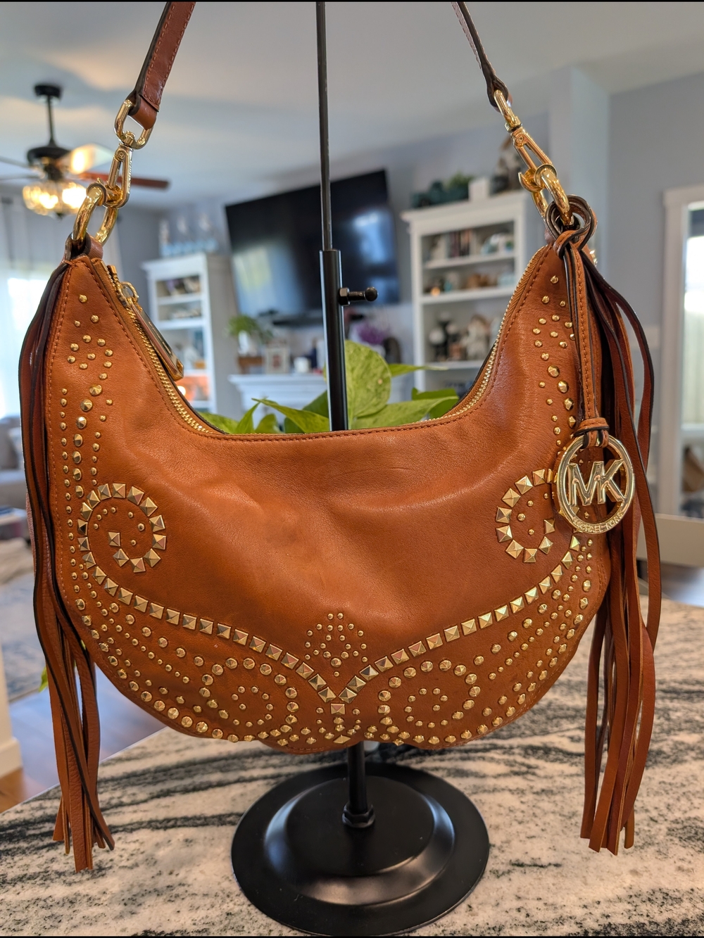 Michael Kors Rhea Tan Gold Studded Hobo Bag With Fringe - Picture 3 of 9